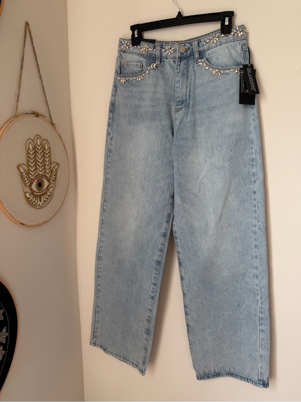 Blank NYC Light Blue Wide-Leg Jeans with Crystal Embellishment